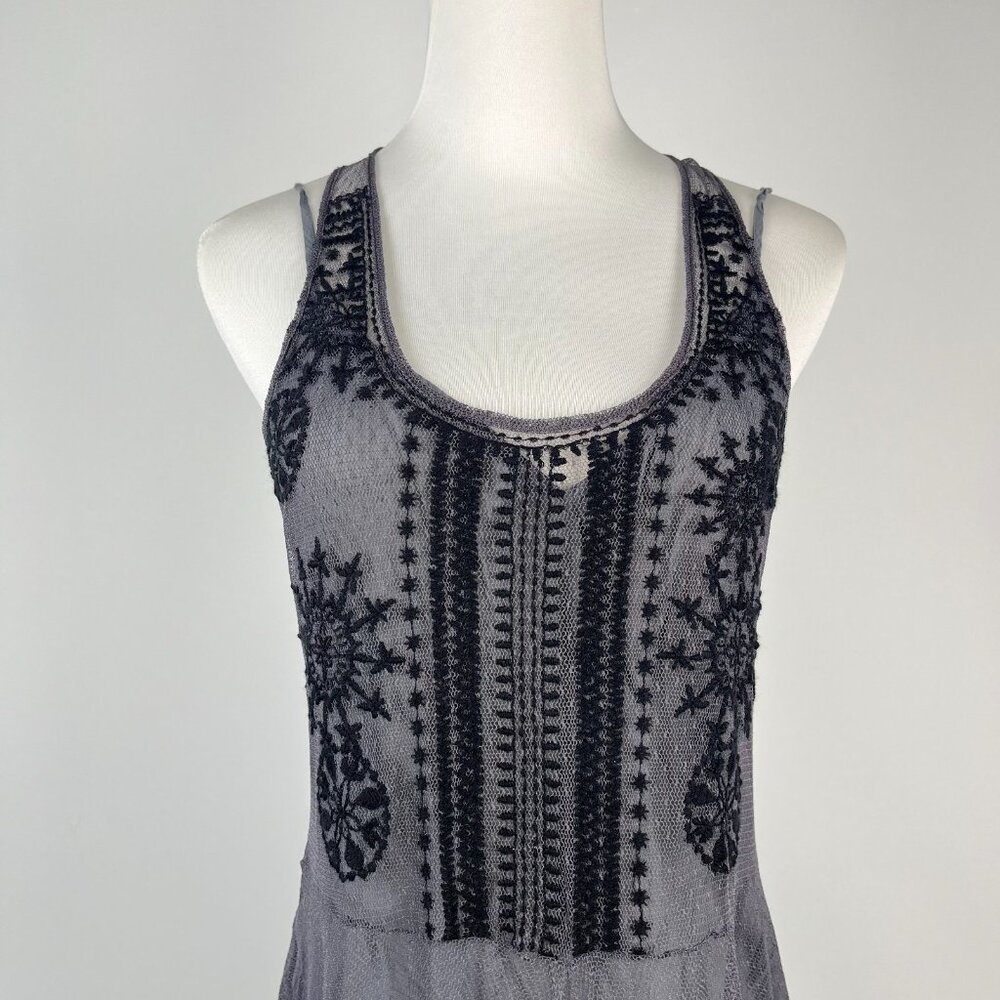 NWOT Johnny Was Biya Floral Mesh Embroidered Irregular Midi Dress Grey Size S - Picture 3 of 12